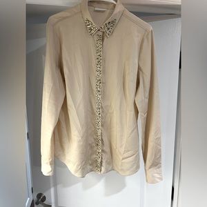 New York & Co silk cream and rhinestone button up dress shirt size Large EUC